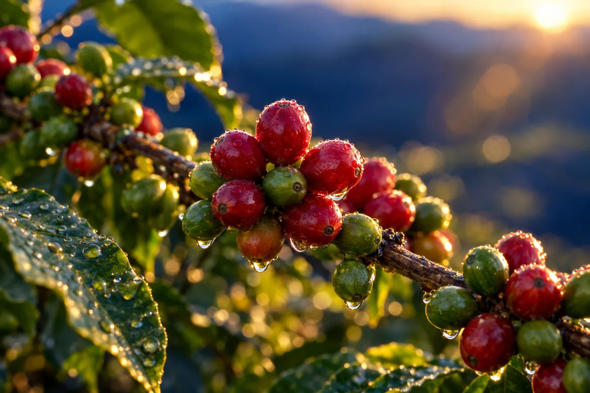 Ripe red and green coffee cherries with morning dew on a branch at sunrise