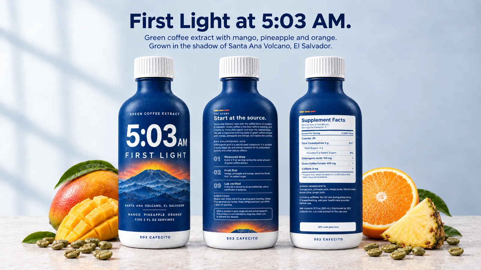 Three First Light bottles showing the front label, the Start at the source story panel, and the Supplement Facts panel